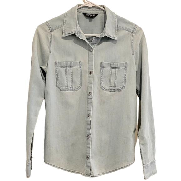 2/$18 Express Button Down Shirt Jean Denim Blue Long Sleeve Top Collar Cotton - Picture 1 of 10